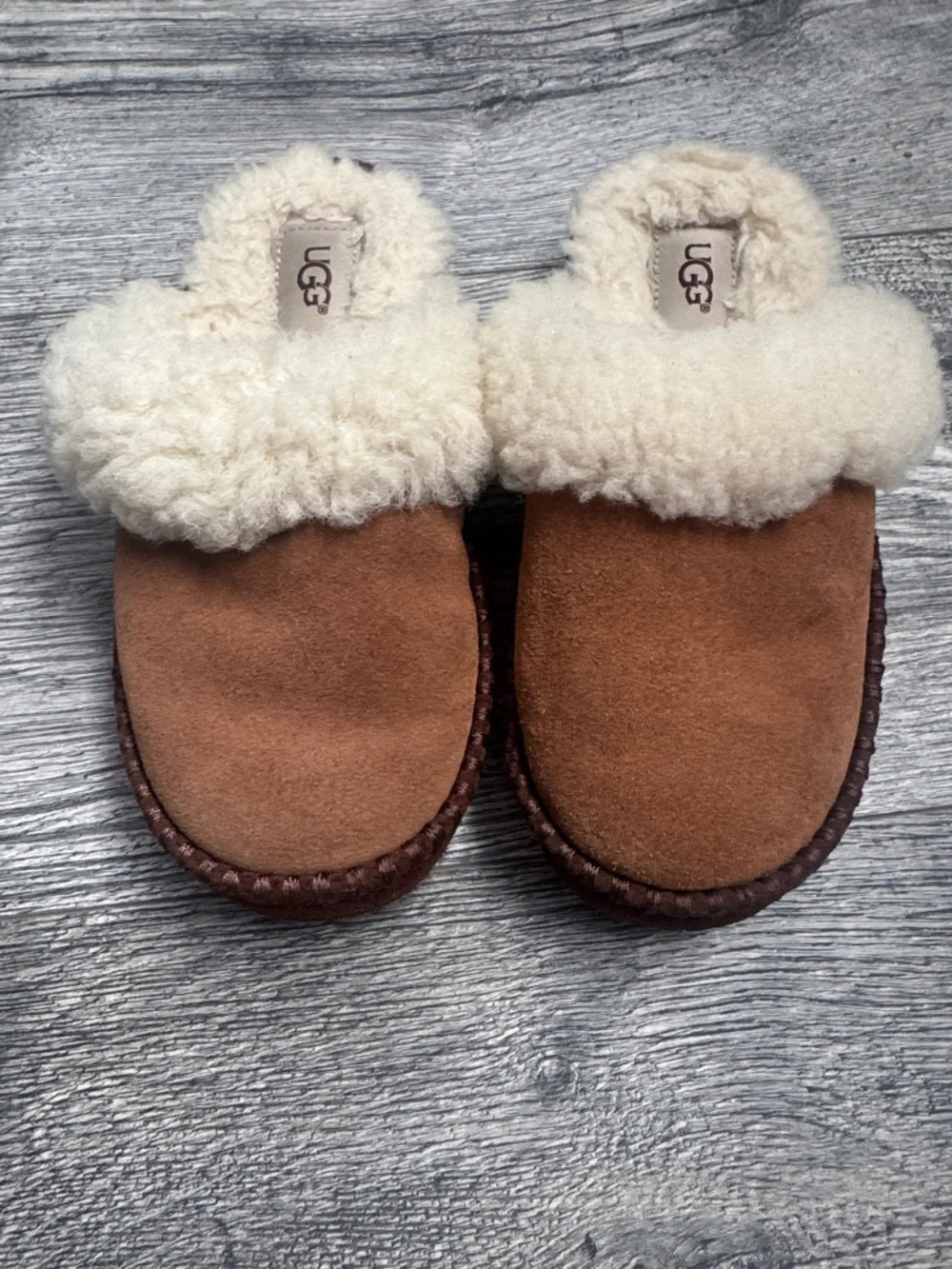 UGG Chestnut Suede Shearling Slip-On Clogs